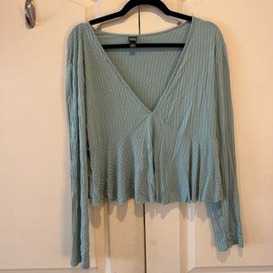 Blue V-neck Cropped Long Sleeve Shirt